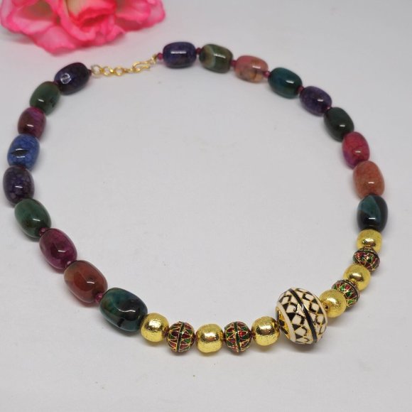 Enamel Cloisonne Crackle Agate Beaded Statement Necklace Gold Green Red Purple - Picture 14 of 14